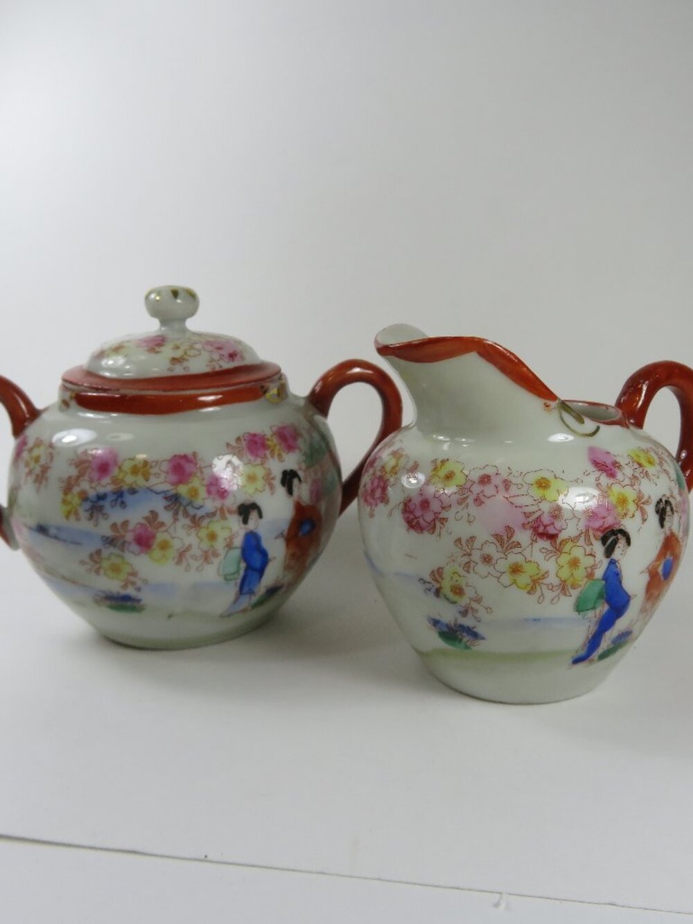 Vintage Hand Painted Japan Floral 3.75" Creamer - 4.25" Sugar Geishas Coral Trim